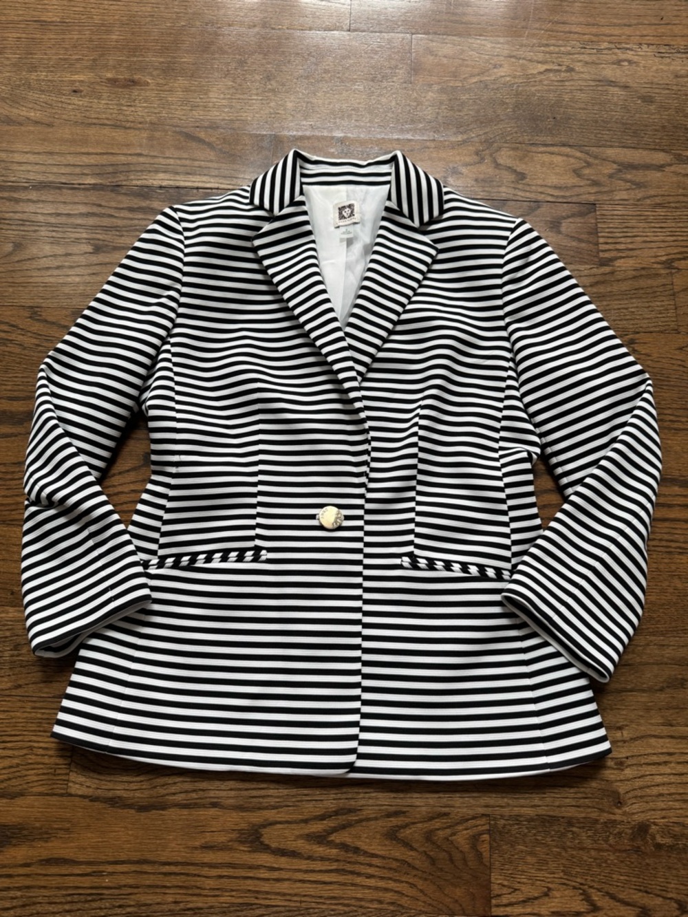 Anne Klein Black White Striped Blazer Jacket Single Button Career Chic Size S